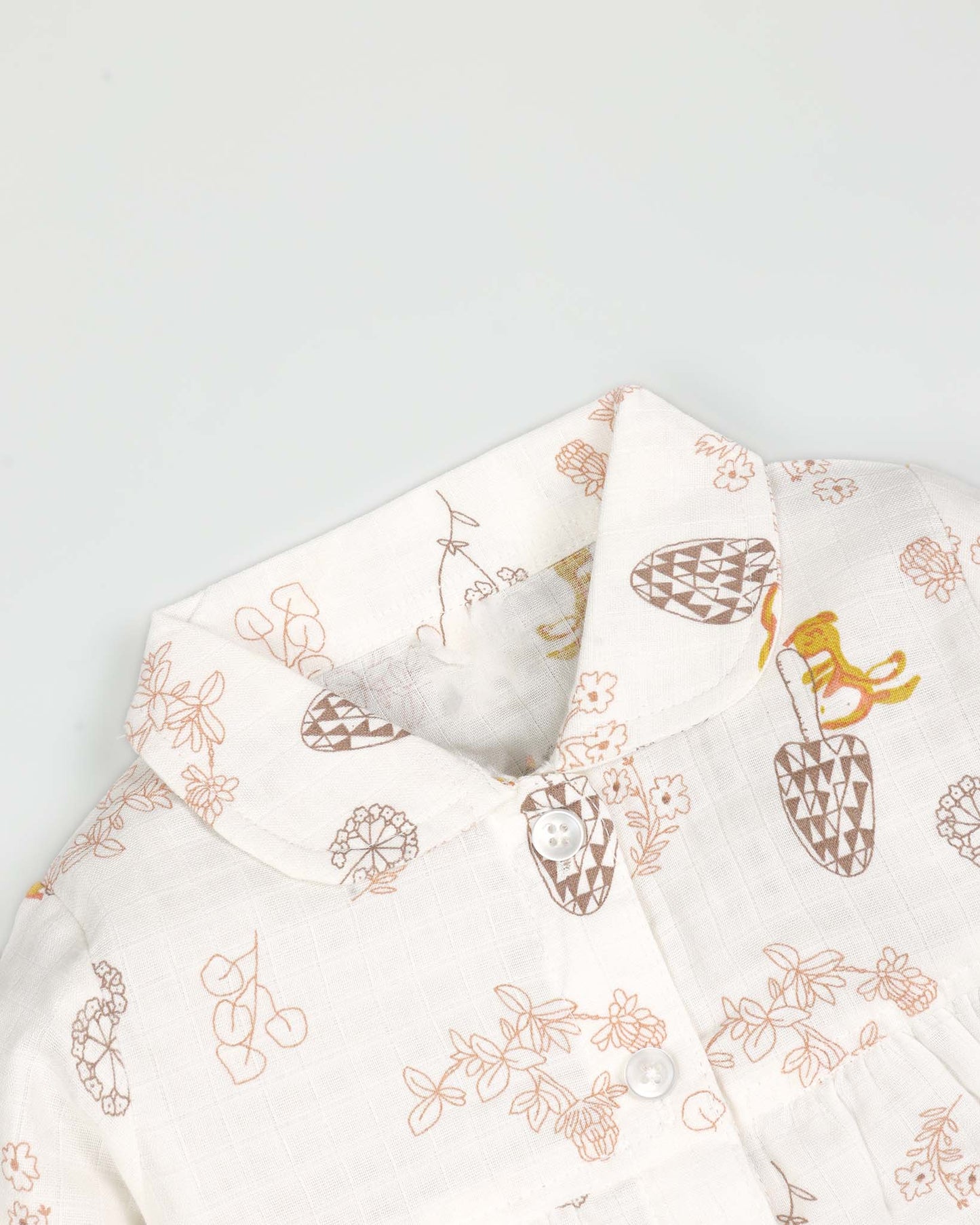 Pine Tree Printed Check Muslin Night Suit - Natural
