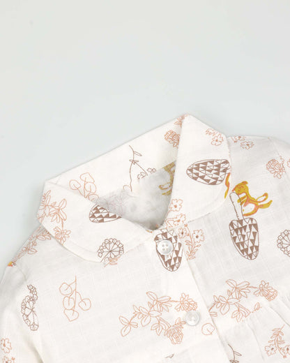 Pine Tree Printed Check Muslin Night Suit - Natural