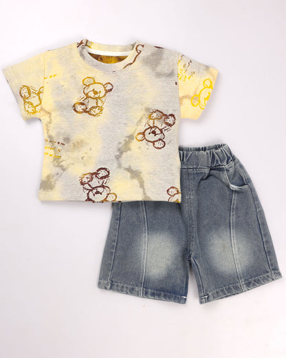 Textured Bear Face Tie-Dye T-Shirt & Denim Co-ord Set