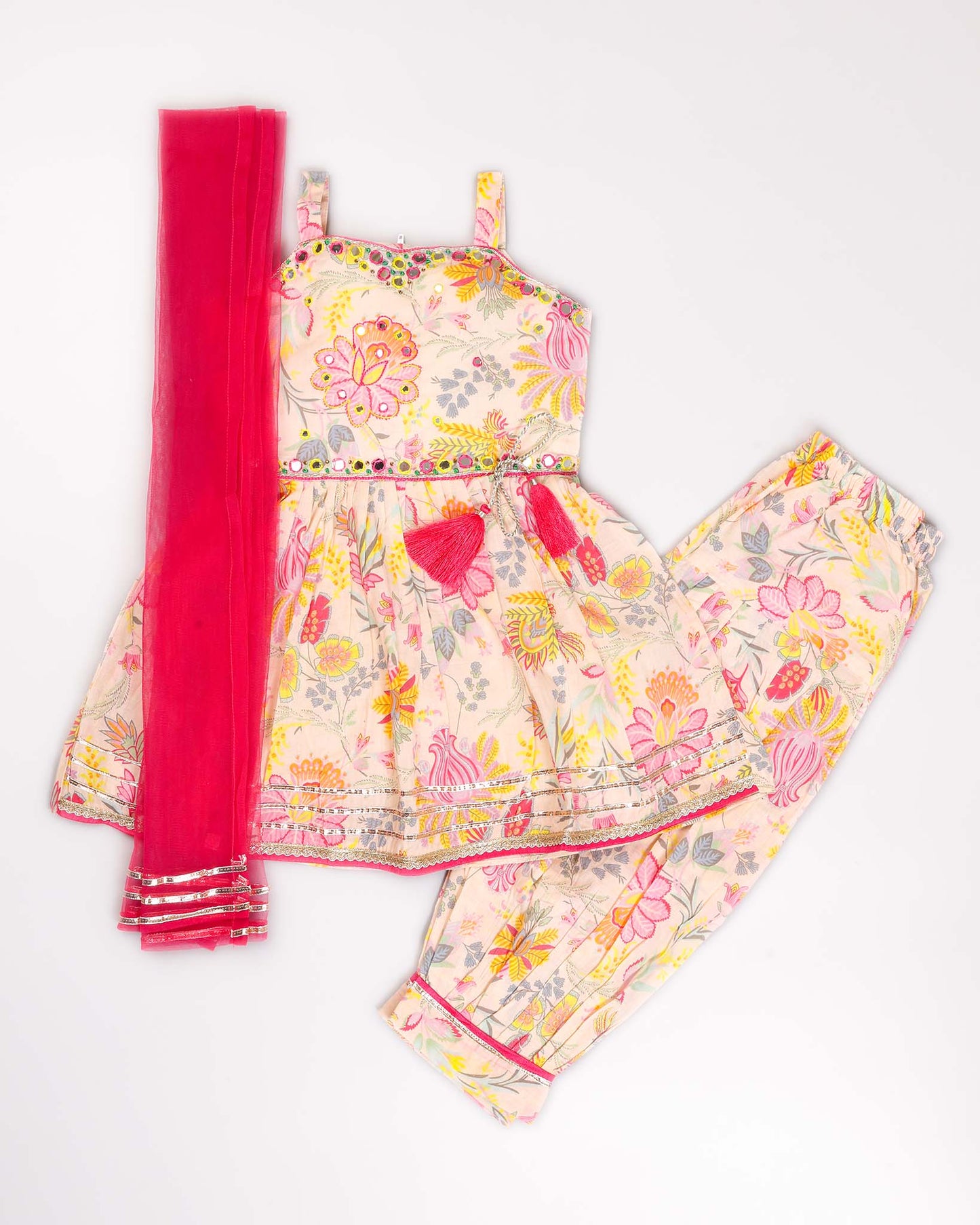 Folk Floral Peplum Sleeveless Kurti & Patiala Set