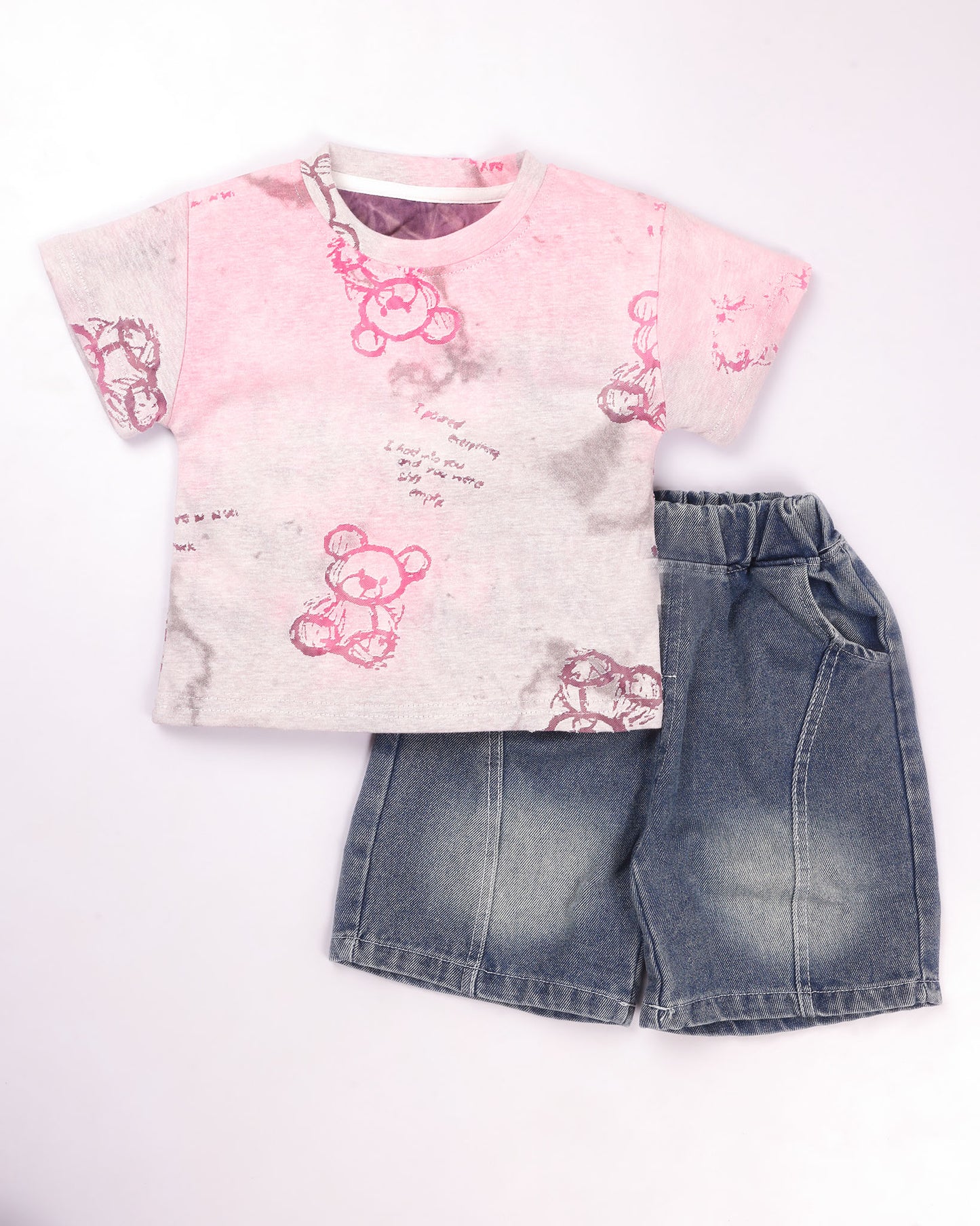 Textured Bear Face Tie-Dye T-Shirt & Denim Co-ord Set