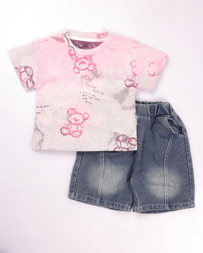 Textured Bear Face Tie-Dye T-Shirt & Denim Co-ord Set