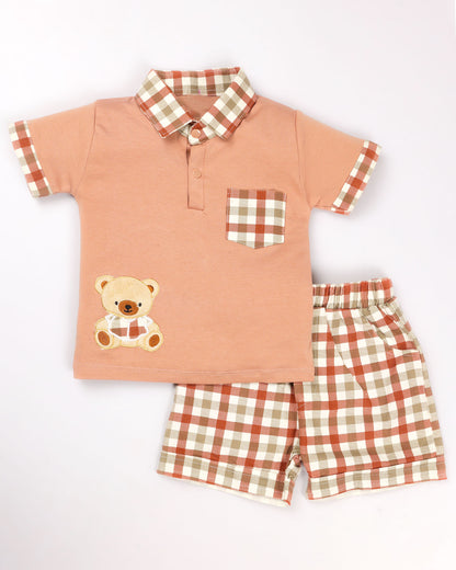 Check Textured Polo T-Shirt & Shorts Co-ord Set