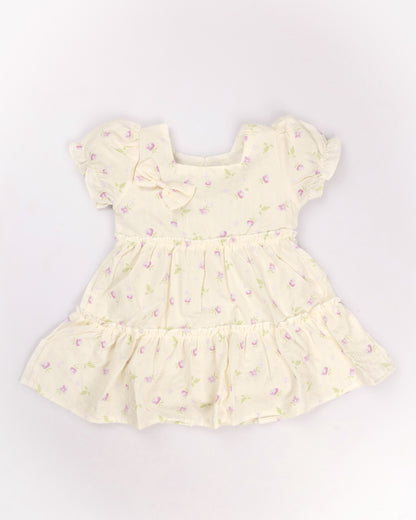 Watercolor Printed Printed Casual Dress With Bow Detail