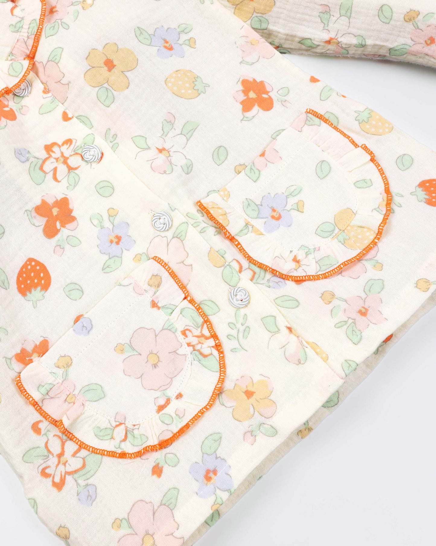 Strawberry Flower Printed Muslin Night Suit