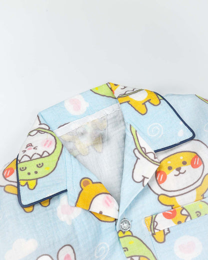 Animal Mask Faces Printed Muslin Night Suit