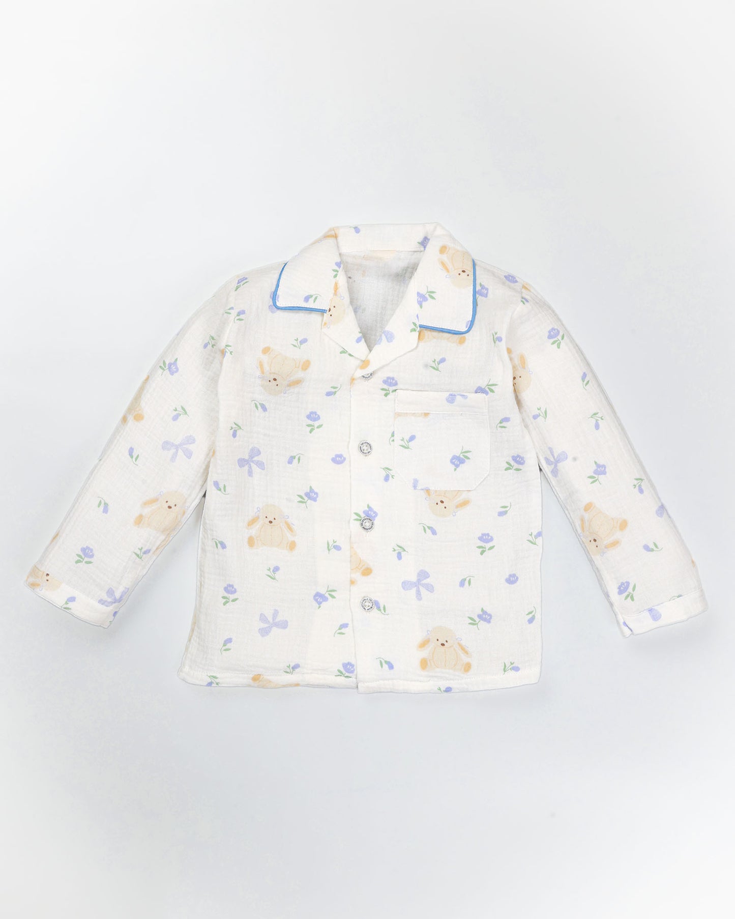 Blue Flower Bunny Printed Muslin Night Suit - Vanilla