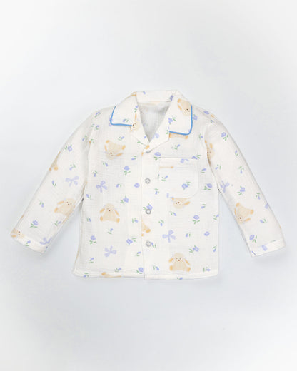 Blue Flower Bunny Printed Muslin Night Suit - Vanilla