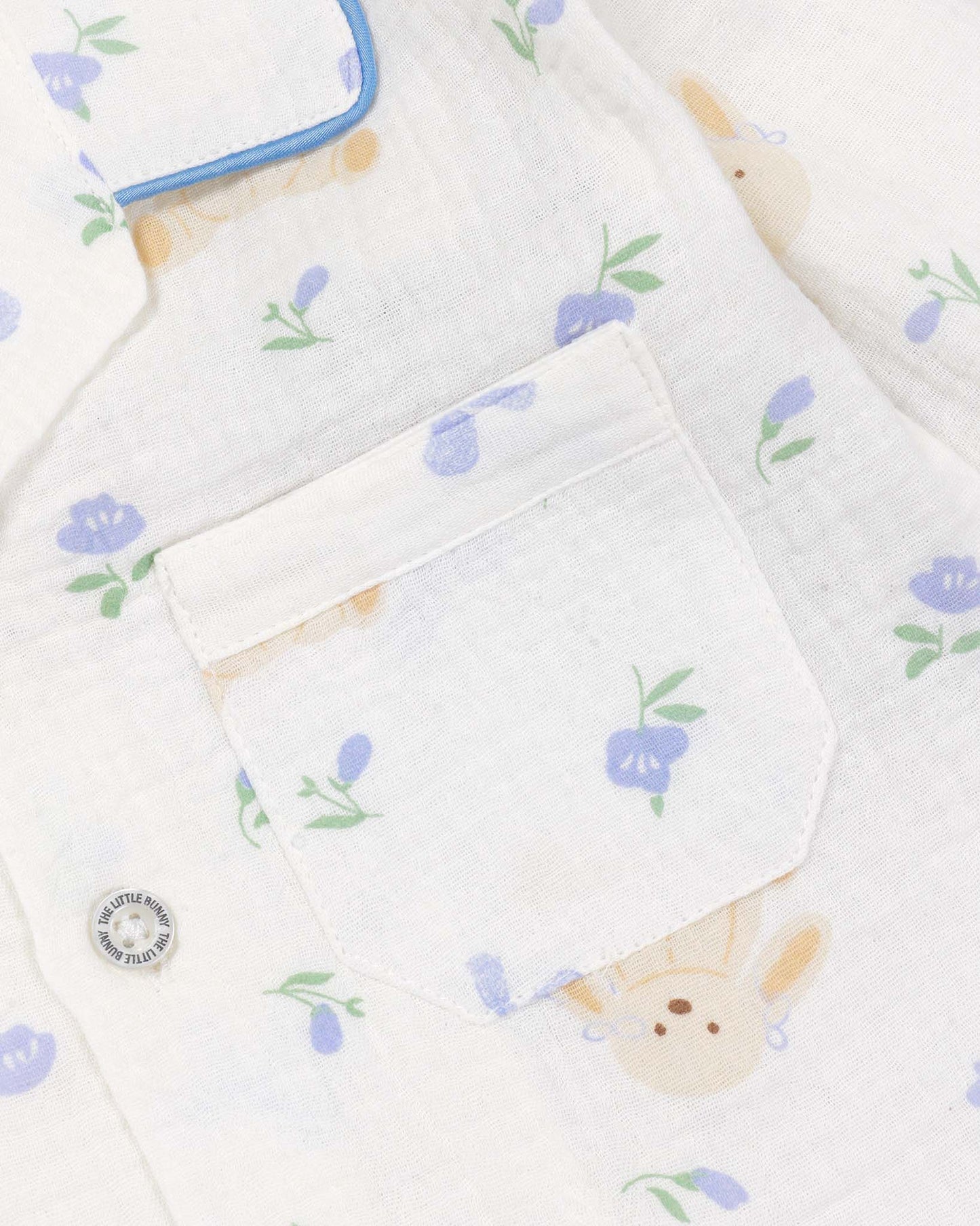 Blue Flower Bunny Printed Muslin Night Suit - Vanilla