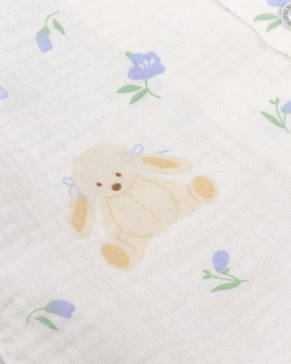 Blue Flower Bunny Printed Muslin Night Suit - Vanilla