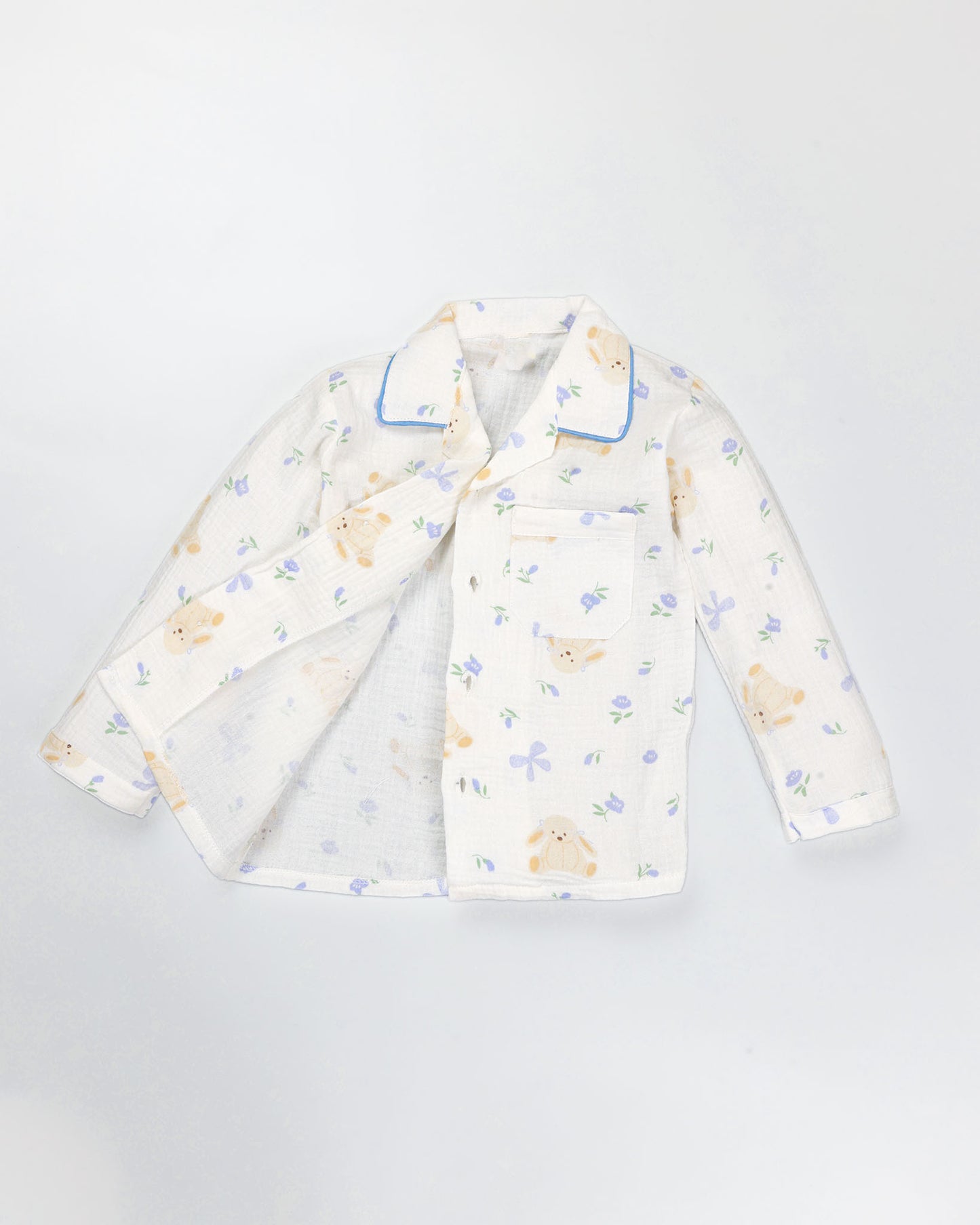 Blue Flower Bunny Printed Muslin Night Suit - Vanilla