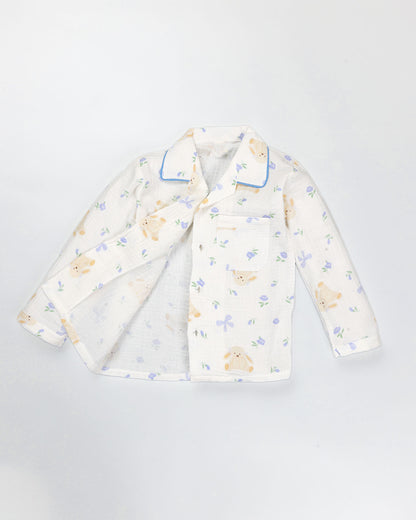 Blue Flower Bunny Printed Muslin Night Suit - Vanilla
