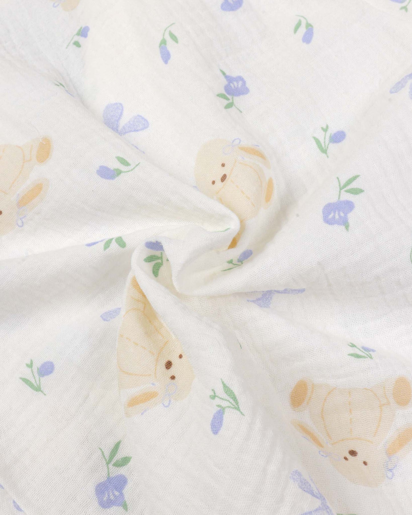 Blue Flower Bunny Printed Muslin Night Suit - Vanilla
