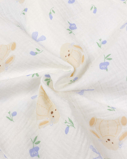 Blue Flower Bunny Printed Muslin Night Suit - Vanilla