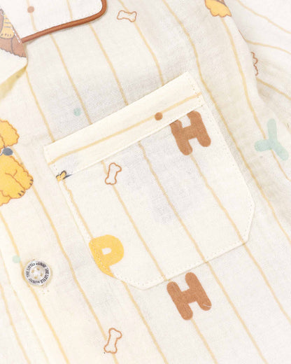 Puppy Letters Vertical Stripe Printed Muslin Night Suit
