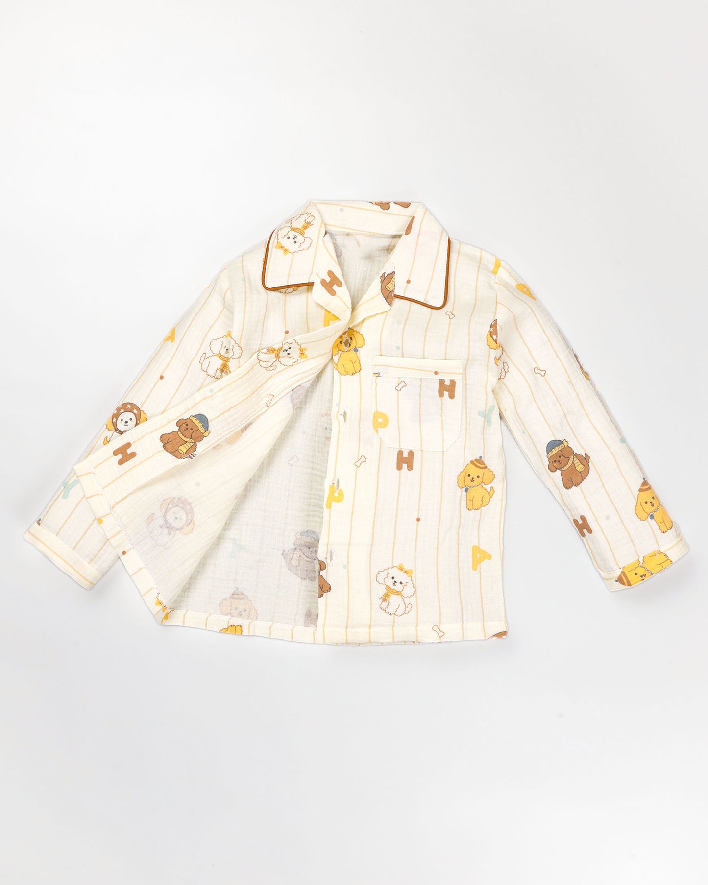 Puppy Letters Vertical Stripe Printed Muslin Night Suit