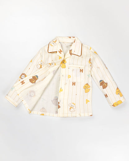 Puppy Letters Vertical Stripe Printed Muslin Night Suit