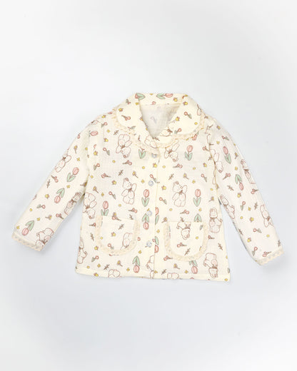 Tulip Bear Printed Lace Details Muslin Night Suit