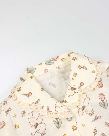 Tulip Bear Printed Lace Details Muslin Night Suit