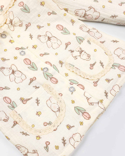 Tulip Bear Printed Lace Details Muslin Night Suit