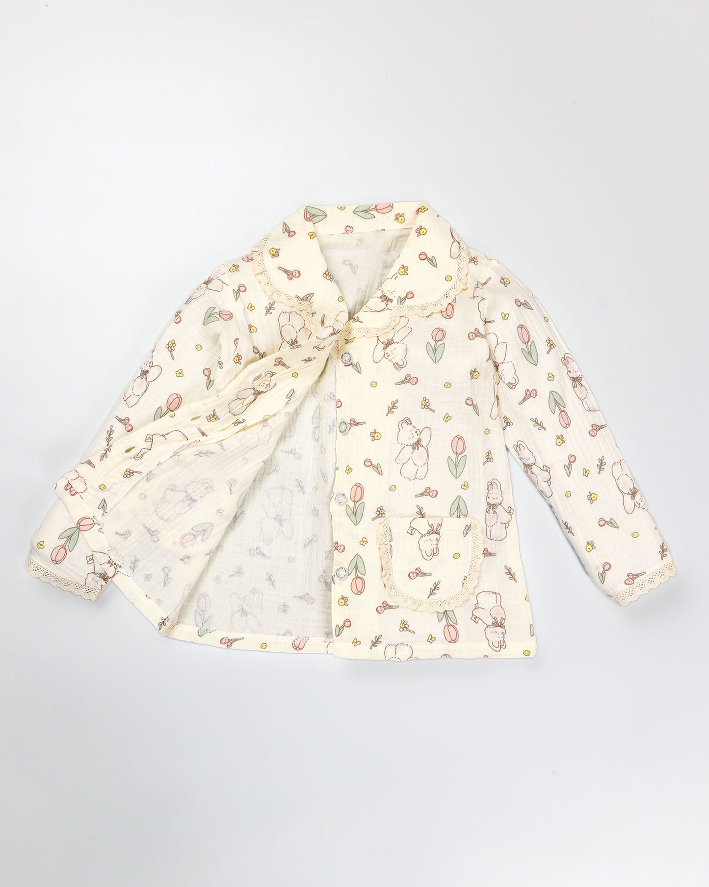 Tulip Bear Printed Lace Details Muslin Night Suit