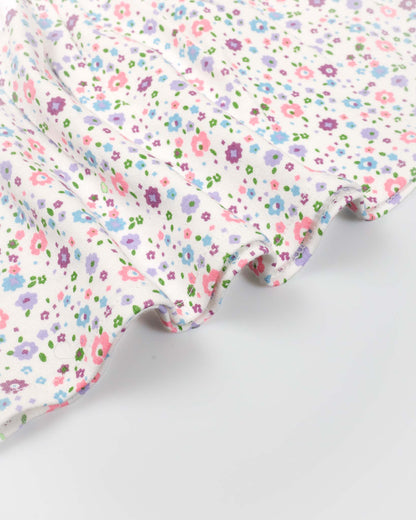Allover Floral Printed Frock With Bow Straw Bag
