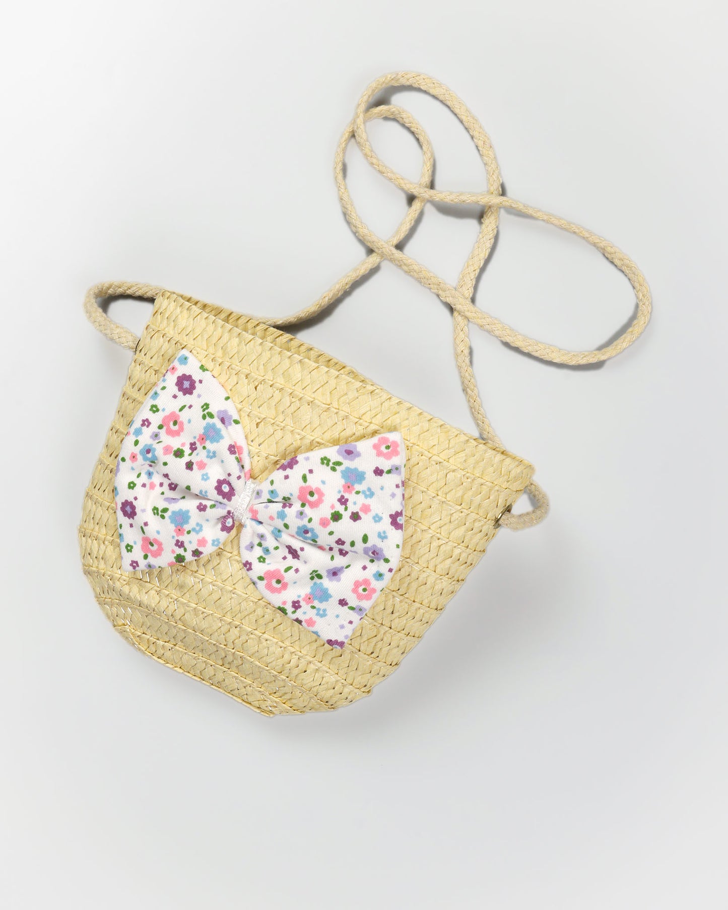 Allover Floral Printed Frock With Bow Straw Bag