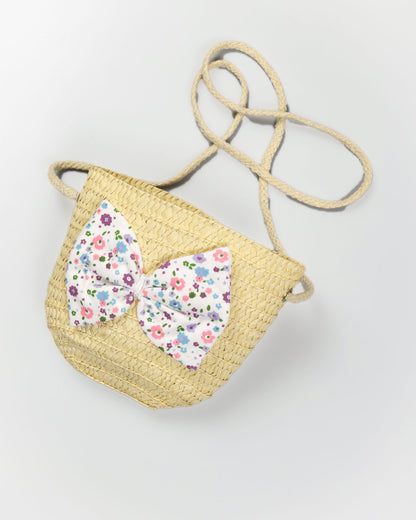 Allover Floral Printed Frock With Bow Straw Bag