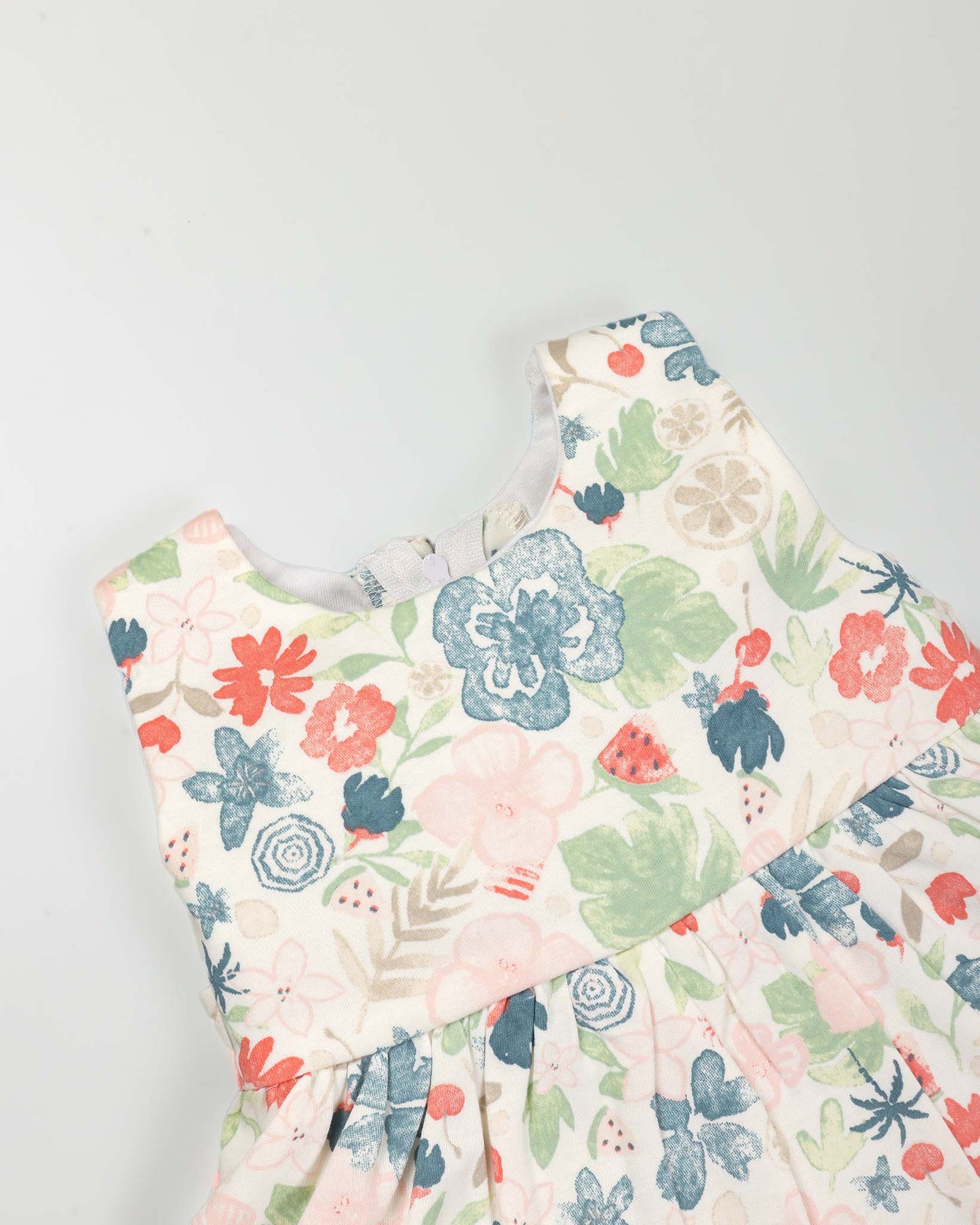 Watercolor Fruit Printed Frock With Bow Straw Bag