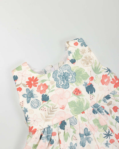 Watercolor Fruit Printed Frock With Bow Straw Bag