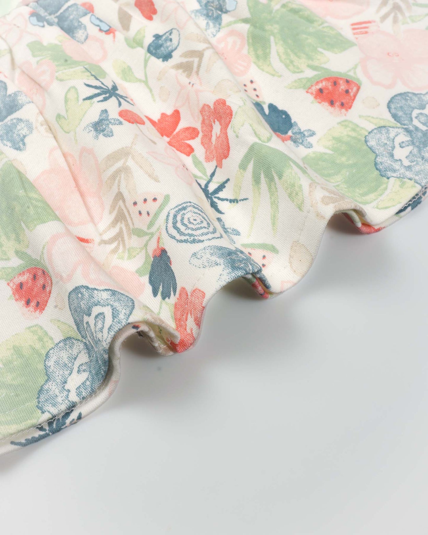 Watercolor Fruit Printed Frock With Bow Straw Bag