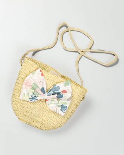 Watercolor Fruit Printed Frock With Bow Straw Bag