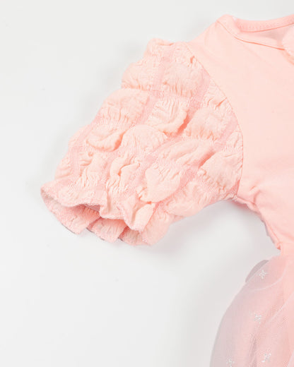 Textured Short Puff Sleeves Tulle Flare Dress