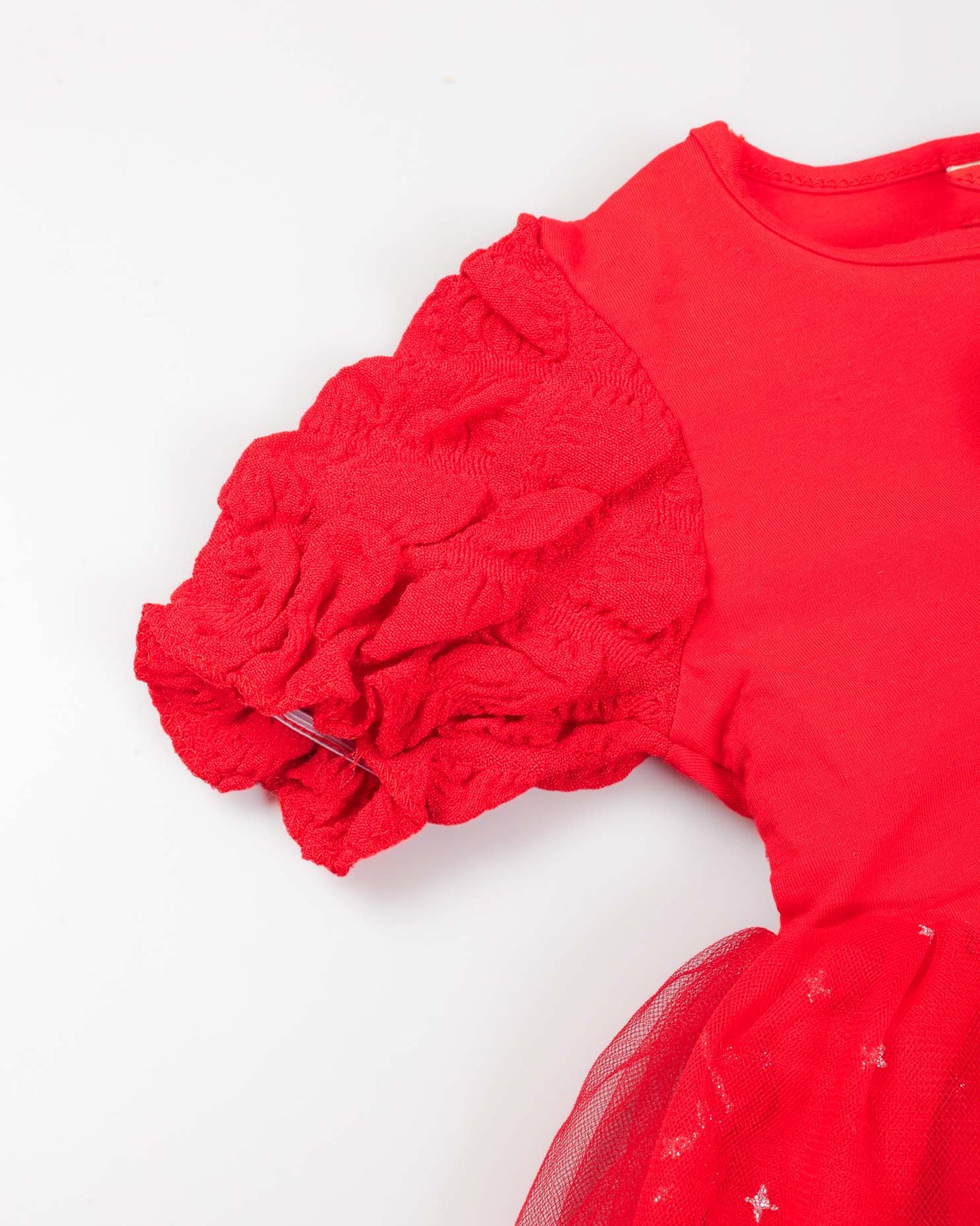 Textured Short Puff Sleeves Tulle Flare Dress