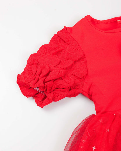 Textured Short Puff Sleeves Tulle Flare Dress