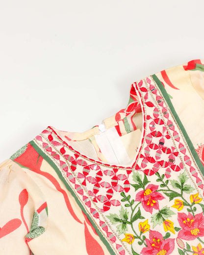 Floral Abstract Printed Flare Kurti / Sharara Set - Butter