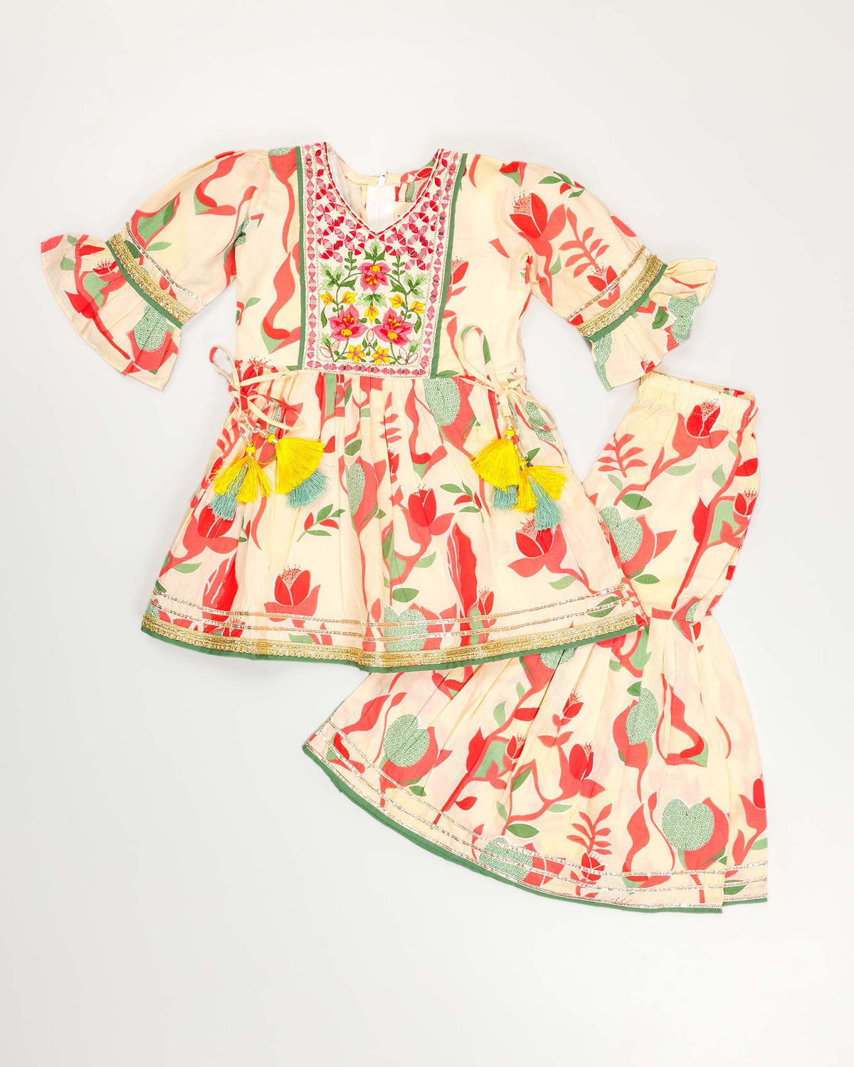 Floral Abstract Printed Flare Kurti / Sharara Set - Butter