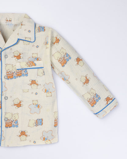 Bear Family Printed Crinkled Muslin Night Suit