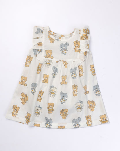 Happy Bear Printed Cotton Frock with Bloomers