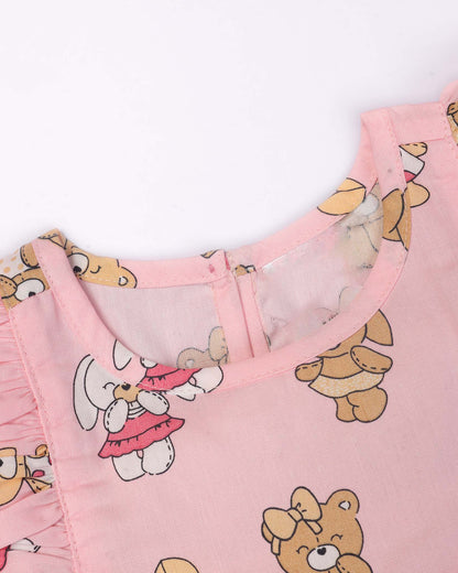 Happy Bear Printed Cotton Frock with Bloomers