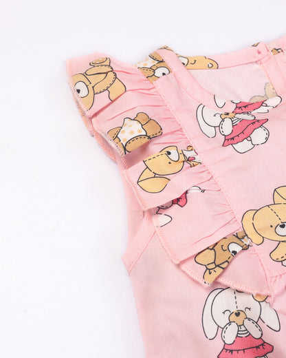 Happy Bear Printed Cotton Frock with Bloomers