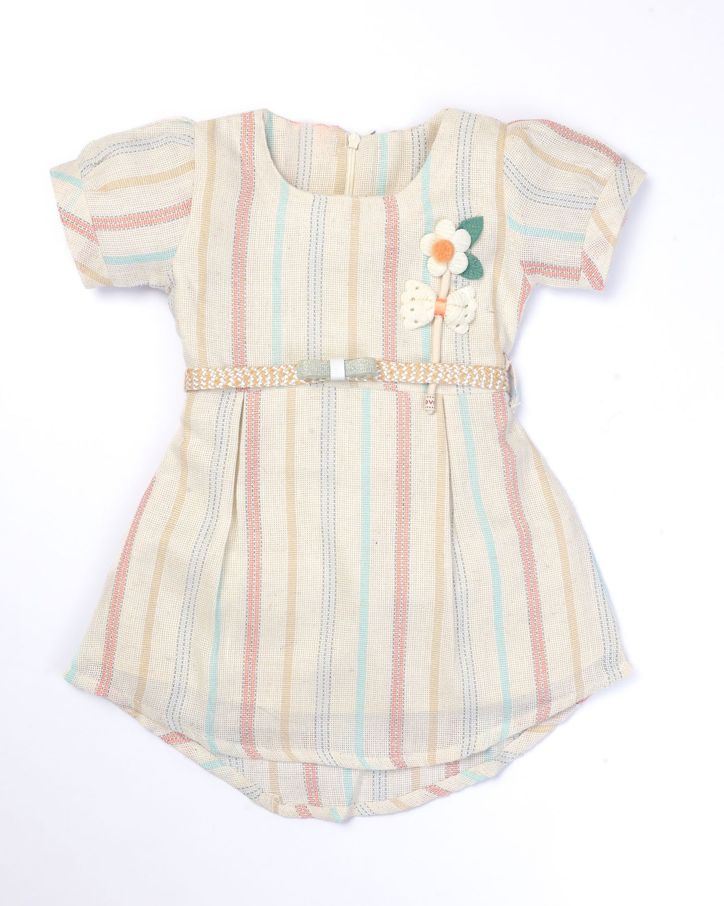 Raw Cotton Frock With Flower Broach & Belt Details