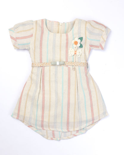 Raw Cotton Frock With Flower Broach & Belt Details