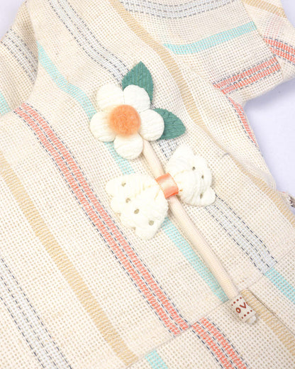 Raw Cotton Frock With Flower Broach & Belt Details