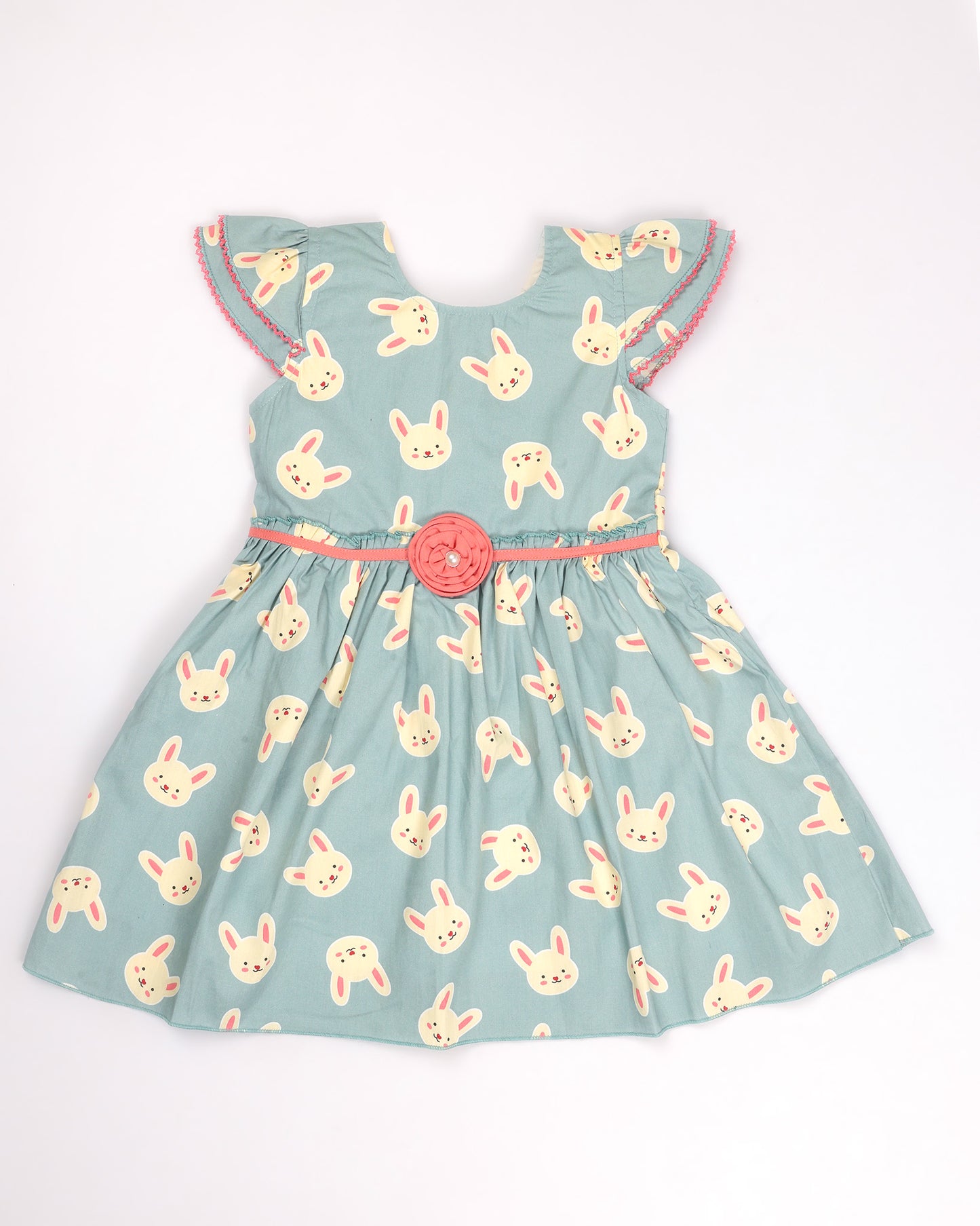 Bunny Print Frock Dress with Flower Detail