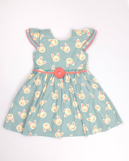 Bunny Print Frock Dress with Flower Detail