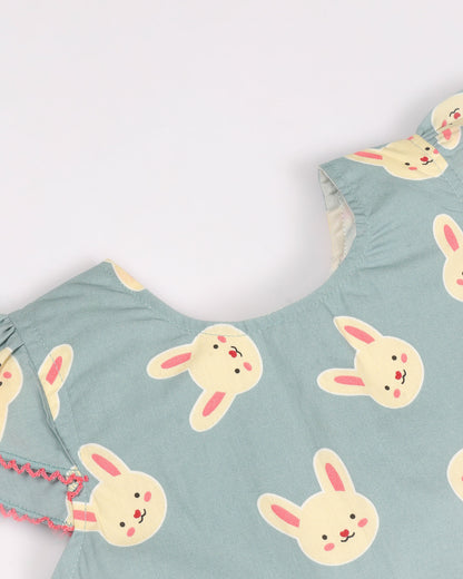 Bunny Print Frock Dress with Flower Detail