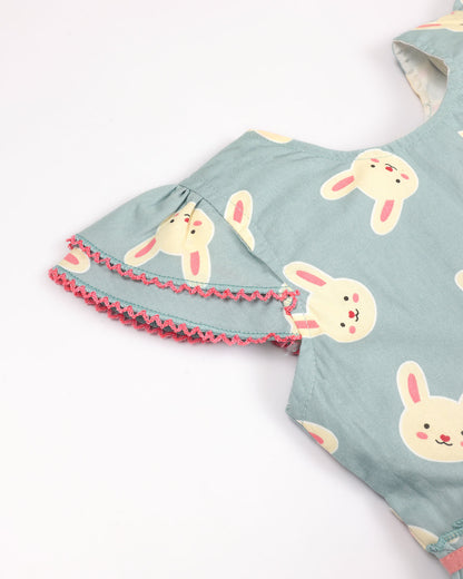 Bunny Print Frock Dress with Flower Detail