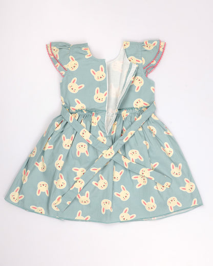 Bunny Print Frock Dress with Flower Detail