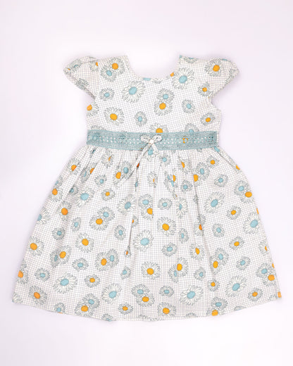 Flower Check Print Frock Dress with Belt Detai